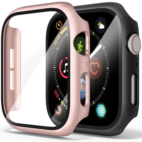 Hartschalen-Schutzhülle mit gehärtetem Glas für Apple Watch Serie 3 Serie 2 42 mm, ultradünne PC-iWatch-Schutzhülle (Schwarz/Roségold, 42 mm für Serie 3/2/1), 2 Stück von Demark