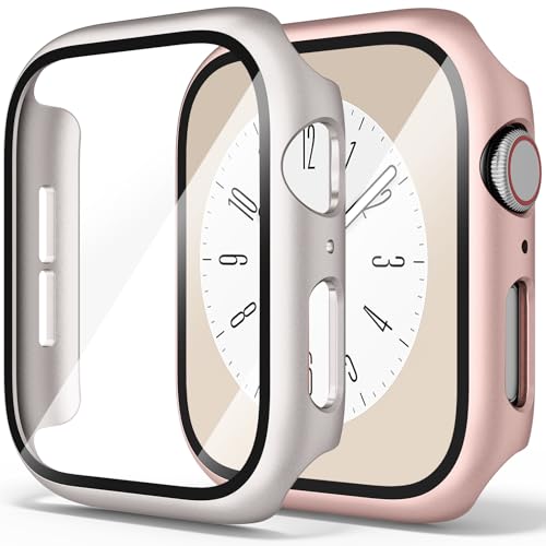 Hartschalen-Schutzhülle mit gehärtetem Glas für Apple Watch Serie 9, Serie 8, Serie 7, 41 mm, ultradünne PC-iWatch-Schutzhülle (Roségold/Sternenlicht, 41 mm für Serie 9/8/7), 2 Stück von Demark