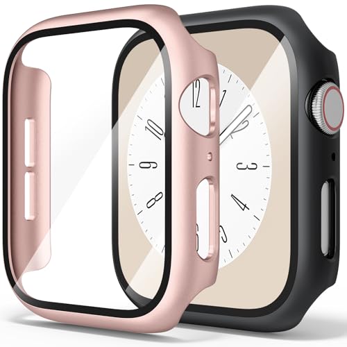 Hartschalen-Schutzhülle mit gehärtetem Glas für Apple Watch Serie 9, Serie 8, Serie 7, 41 mm, ultradünne PC-iWatch-Schutzhülle (Schwarz/Roségold, 41 mm für Serie 9/8/7), 2 Stück von Demark