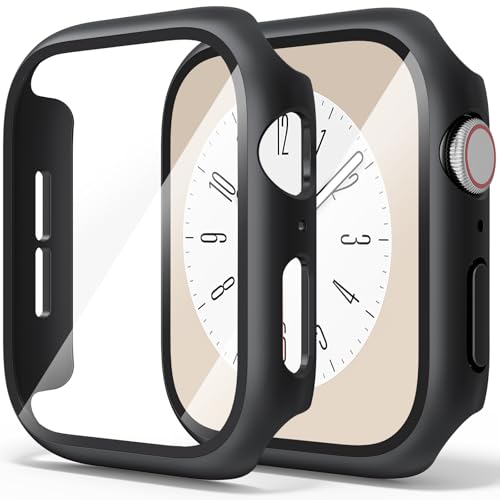 Hartschalen-Schutzhülle mit gehärtetem Glas für Apple Watch Serie 9, Serie 8, Serie 7, 41 mm, ultradünne PC-iWatch-Schutzhülle (Schwarz/Schwarz, 41 mm für Serie 9/8/7), 2 Stück von Demark