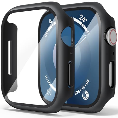 Hartschalen-Schutzhülle mit gehärtetem Glas für Apple Watch Serie 9, Serie 8, Serie 7, 45 mm, ultradünne PC-iWatch-Schutzhülle (Schwarz/Schwarz, 45 mm für Serie 9/8/7), 2 Stück von Demark