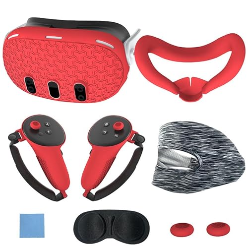 7Pcs Hülle für Quest 3 Zubehör, Controller-Griffe, Quest 3 VR Gesichtsabdeckung, VR-Schutzhülle, VR Headset Abdeckung, Controller Grip Cover (Rot) von Demiawaking