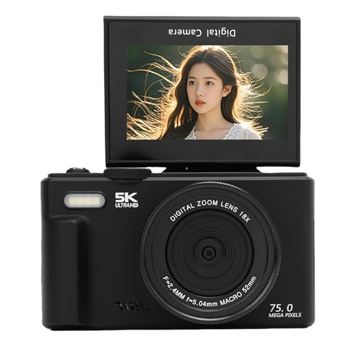 5K Digitalkamera, 75MP Digitalkameras für die Fotografie mit 18 -facher Zoom, Autofokus -Vlogging -Kamera mit 3 Zoll 180 ° Flip -Bildschirm für die Fotografie (64GB) von Denash