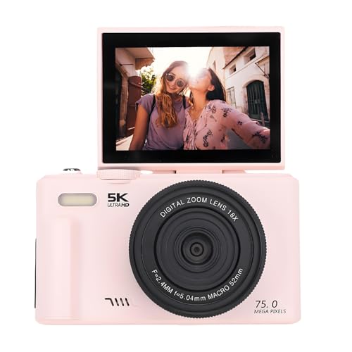 5k Digitalkamera für Fotografie, FHD WiFi 75MP Vlogging -Kamera, 3 Zoll 180 ° Flip -Screen Autofokus Kompaktkameras mit 18 -facher Zoom (Pink) von Denash
