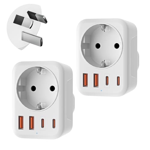 Denlane Adapter Australien 2 Pack, 5 in 1 Reiseadapter Australien mit 1 AC & 2 USB-C & 2 USB-A(3.4A), Adapter China Neuseeland Deutschland Stecker, Adapter Argentinien Fidschi, Reisestecker Typ I von Denlane