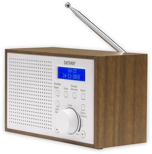 Denver DAB-46 DAB+ und UKW-Radio, Uhr und Wecker, 2 W Audio-Ausgang, Holz-Finish, Weiß, 1954043 von Denver