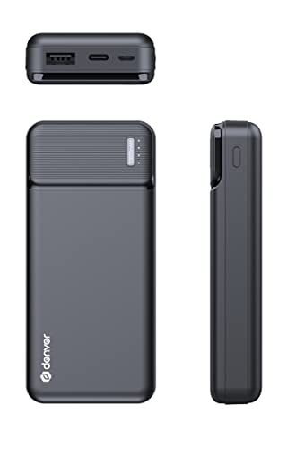 Denver PBS-10007 Powerbank mit wiederaufladbarem Lithium-Polymer-Akku, 10.000 mAh, Anschlüsse: MicroUSB, USB-C und USB-A von Denver