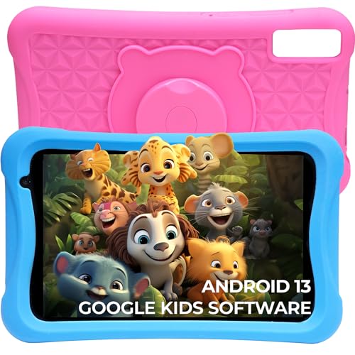Denver TIO80105K Kinder-Tablet, 8 Zoll (8 Zoll), Android 13, Kindersicherung, 4 GB RAM, 64 GB ROM, mit stoßfester Schutzhülle, Blau und Rosa von Denver