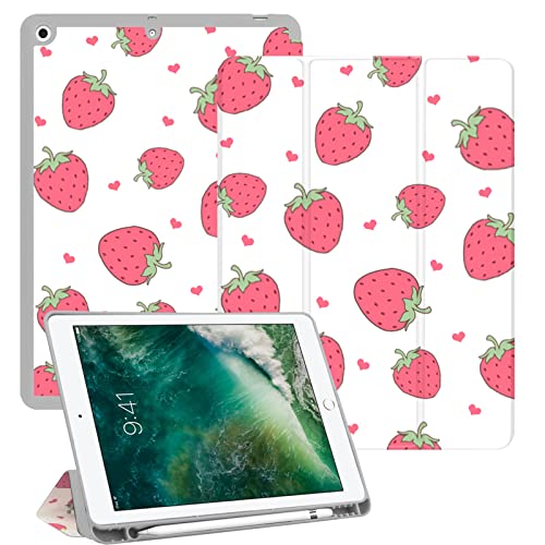 Deokke Kompatibel mit iPad 10.2 Zoll Hülle, 9.,8.,7. Generation Hülle (2021/2020/2019) mit Stifthalter, weiche TPU-Rückseite, niedliche Kawaii-iPad-Hülle für Mädchen und Frauen, Erdbeere von Deokke