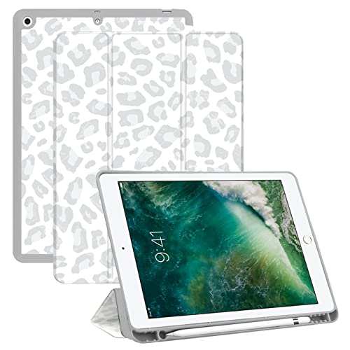 Deokke Kompatibel mit iPad 10.2 Zoll Hülle, 9.,8.,7. Generation Hülle (2021/2020/2019) mit Stifthalter und weicher TPU-Rückseite, für Mädchen und Frauen, weißes Leoparden-Gepardenmuster von Deokke