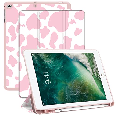 Deokke Kompatibel mit iPad 6. / 5. Generation (2018/2017) iPad Air 2/Air 1 Hülle, iPad 9,7 Zoll Hülle mit Stifthalter und weicher TPU-Rückseite, automatische Sleep/Wake-Abdeckung, rosa Kuh Western von Deokke