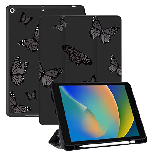 Deokke Kompatibel mit iPad 9.,8.,7. Generation Hülle (2021/2020/2019), iPad 10.2 Zoll Hülle mit Stifthalter und weicher TPU-Rückseite, automatische Schlaf-/Wachabdeckung, schwarz-grauer Schmetterling von Deokke