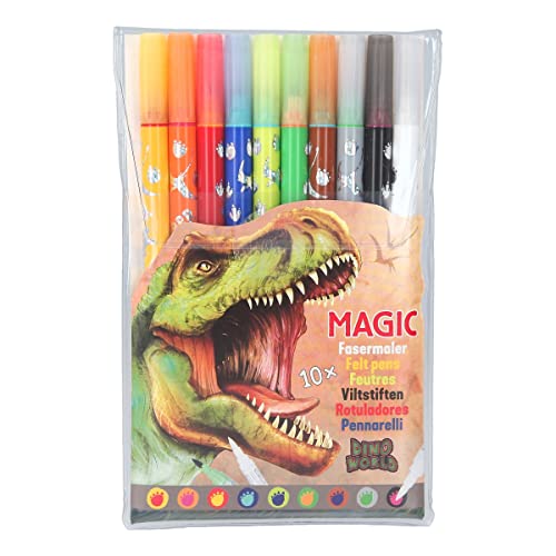 Depesche 11391 Dino World - Stifte-Set im Etui aus 9 Doppel-Fasermalern und einem Magic-Pen für coole Farbveränderungen, Faserstifte mit je einer dünnen und breiten Spitze zum Ausmalen und Gestalten von Depesche