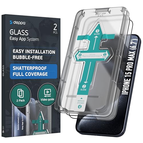 Deppa |2 Stück| für iPhone Schutzfolie mit Schablone | 9H Stoßfest | Vollständige Abdeckung | Blasenfreie, einfache Installation| Ultra-Klar (Klar, iPhone 15 Pro Max (6.7')) von Deppa