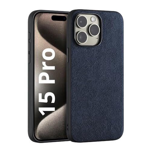 Deppa Alcantara Hülle für iPhone 15 Pro (6,1') mit Magsafe [Silikon Kanten] Stoßfeste Handyhülle Case| Erhöhter Kameraschutz| Echtes italienisches Alcantara| Premium-Qualität Cover (Blau-9041) von Deppa