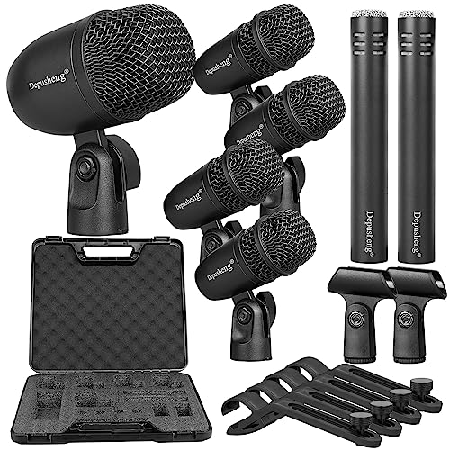 Depusheng 7 teiliges Drum Mikrofon Set mit 5 dynamischen Schlagmikrofonen und 2 Percussion-Kondensatormikrofonen, ideal für die Aufnahme von Instrumenten und Musikproduktion von Depusheng
