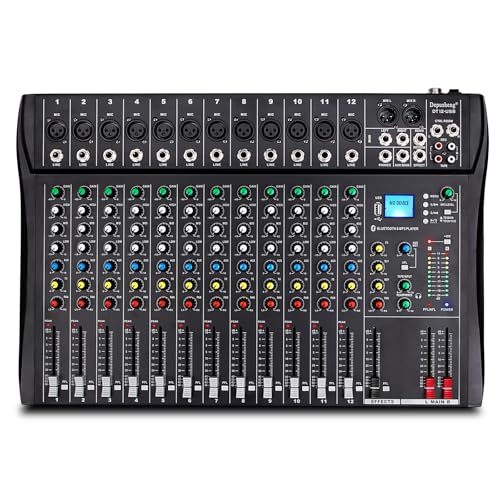 Depusheng DT12 Studio Audio Mixer 12-Channel DJ Sound Controller Interface w/USB Drive for Computer Recording Input, XLR Microphone Jack, 48V Power, RCA Input/Output for Professional and Beginners von Depusheng