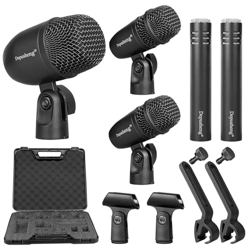 Depusheng Dynamisches Schlagzeug Mikrofon Set (Vollmetall) mit 3 dynamischen Schlagmikrofonen und 2 Percussion Kondensatormikrofonen, ideal für die Aufnahme von Instrumenten und Musikproduktion von Depusheng