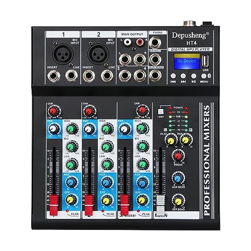 Depusheng HT4 Bluetooth-kompatible professionelle tragbare digitale DJ-Konsole mit USB 4-Kanal-Mixer Audio-Interface-Mischpulte für Studioaufnahmen, Schwarz von Depusheng