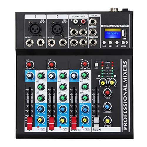 Depusheng HT4 Bluetooth-kompatible professionelle tragbare digitale DJ-Konsole mit USB-4-Kanal-Mixer Audio-Interface-Mischpulte für Studioaufnahmen, schwarz von Depusheng