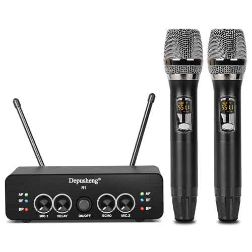 Depusheng R1 Wireless Microphone, Metal Dual Professional UHF Cordless Dynamic Mic Handheld Microphone System for Home Karaoke, Meeting, Party, Church, DJ, Wedding, Home KTV Set, 50 m von Depusheng