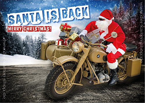 3 Stück A6 Postkarten Weihnachtskarte Karte Weihnachten Nikolaus auf alter BMW, Motorrad "Santa is back! Merry Christmas!" von Der-Karten-Shop.de