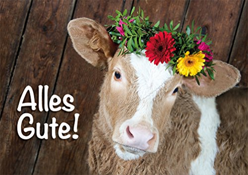 3 Stück Doppelkarte, Karte, Geburtstagskarte Glückwunschkarte mit Kuvert Kuh/Kalb mit Blumenkranz "Alles Gute!" von Der-Karten-Shop.de