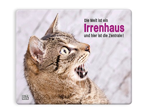 Witziges Mousepad Mauspad 23 x 19 cm, mit Motiv lustige Katze "Die Welt ist ein Irrenhaus und hier ist die Zentrale" von Der-Karten-Shop.de