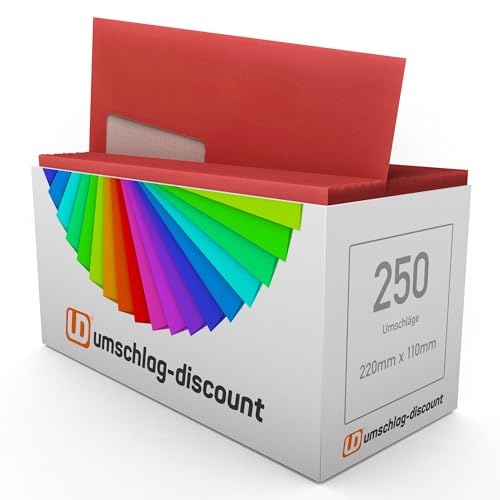 umschlag-discount - 250 Fensterkuverts, Cadmium, Rot, Dunkelrot, DIN lang = 220 x 110 mm, Haftklebestreifen von DerMegaDeal