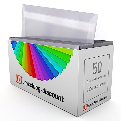 umschlag-discount – transparente Briefumschläge aus Pergamin-Papier für Infoschreiben, Gutscheine, Einladungen & Co – 50 Stück selbstklebende Briefkuverts mit den Maßen 220 x 110 mm (DIN lang) von DerMegaDeal