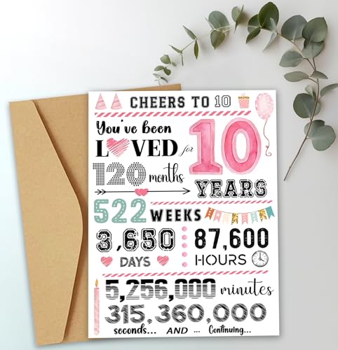 Dercylele Geburtstagskarte zum 10.Geburtstag für Mädchen 10.Geburtstagskarte Mit Umschlag und Aufkleber Glückwunschkarten Geburtstag für 10 Jahre altes Mädchen-170mm×215mm (10-Rosa) von Dercylele