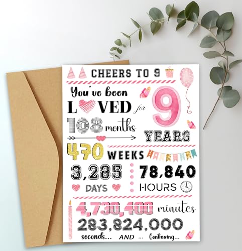 Dercylele Geburtstagskarte zum 9.Geburtstag für Mädchen 9.Geburtstagskarte Mit Umschlag und Aufkleber Glückwunschkarten Geburtstag für 9 Jahre altes Mädchen-170mm×215mm (9-Rosa) von Dercylele