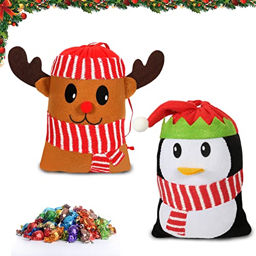 Dereine 2 Stücke Geschenksäckchen Nikolaussack,Weihnachtsbeutel mit Kordelzug für Süßigkeiten und Snacks 3D Druck von Weihnachtsmann, Schneemann, Hirsch und Pinguin(B) von Dereine