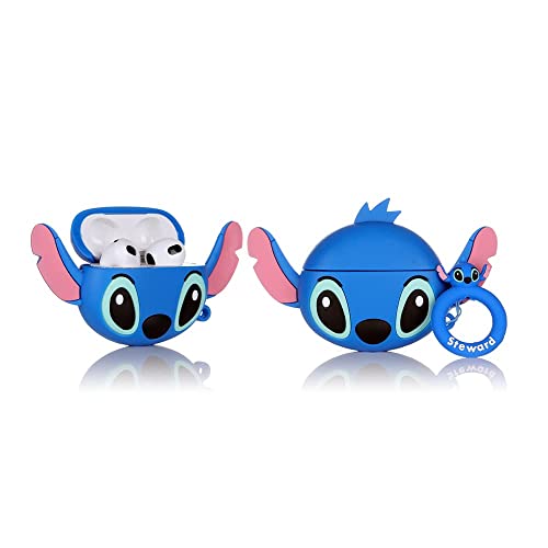Derhom Airpods 3 Schutzhülle aus Silikon, lustig, niedlich, modisch, weich, Cartoon, kompatibel mit Apple AirPods 3, mit Schlüsselanhänger [Cartoon-Avatar-Serie] (Big Ears Stitch Blue) von Derhom