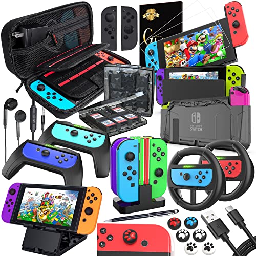 Deruitu Zubehör Set Kompatibel mit Nintendo Switch (18 in 1) - Switch Accessories Bundle mit Tasche, Schutzfolie, Schutzhülle, Ständer, Joycon Griff und Lenkrad,etc Zubehör von Deruitu