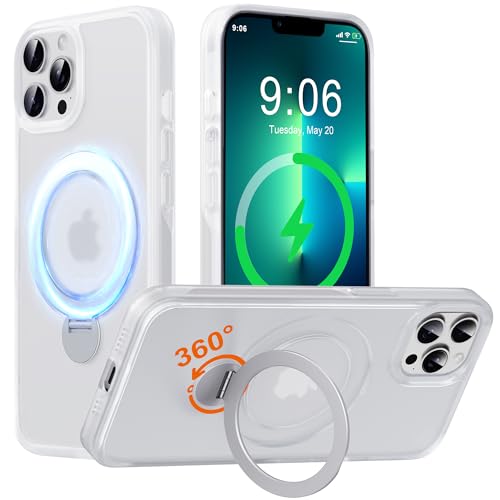 Derwav Hülle mit 360° Verstellbarem Ständer für iPhone 13 Pro für MagSafe - [Handyhülle Unsichtbarer Magnetisch Ring-Halter] [Militär Stoßfest Schutzhülle] Silikon Rahmen Matt Zurück Case Cover, Weiß von Derwav