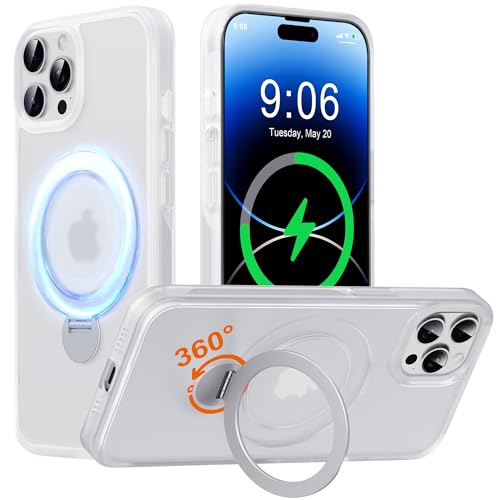 Derwav Hülle mit 360° Verstellbarem Ständer für iPhone 14 Pro für MagSafe - [Handyhülle Unsichtbarer Magnetisch Ring-Halter] [Militär Stoßfest Schutzhülle] Silikon Rahmen Matt Zurück Case Cover, Weiß von Derwav