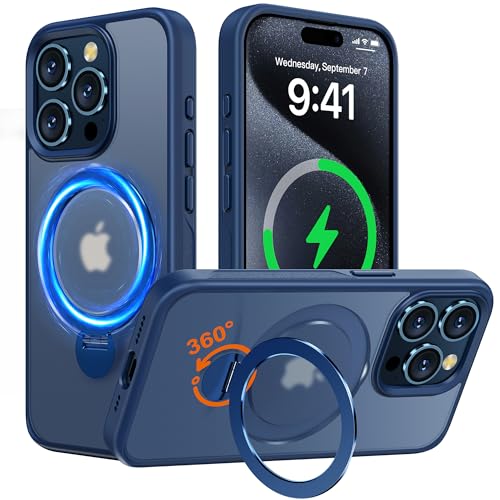 Derwav Hülle mit 360° Verstellbarem Ständer für iPhone 15 Pro für MagSafe - [Handyhülle Unsichtbarer Magnetisch Ring-Halter] [Militär Stoßfest Schutzhülle] Silikon Rahmen Matt Zurück Case Cover, Blau von Derwav