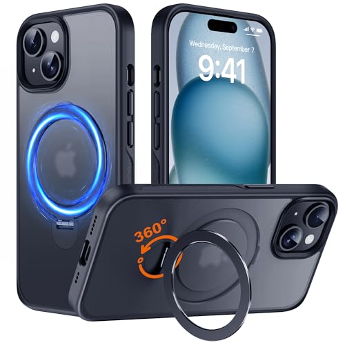 Derwav Hülle mit 360° Verstellbarem Ständer für iPhone 15 für MagSafe - [Handyhülle Unsichtbarer Magnetisch Ring-Halter] [Militär Stoßfest Schutzhülle] Silikon Rahmen Matt Zurück Case Cover, Schwarz von Derwav