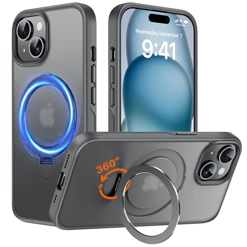 Derwav Hülle mit 360° Verstellbarem Ständer für iPhone 15 für MagSafe - [Handyhülle Unsichtbarer Magnetisch Ring-Halter] [Militär Stoßfest Schutzhülle] Silikon Rahmen Matt Zurück Case Cover, Grau von Derwav