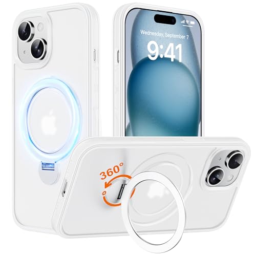 Derwav Hülle mit 360° Verstellbarem Ständer für iPhone 15 für MagSafe - [Handyhülle Unsichtbarer Magnetisch Ring-Halter] [Militär Stoßfest Schutzhülle] Silikon Rahmen Matt Zurück Case Cover, Weiß von Derwav