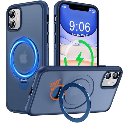 Hülle mit 360° Verstellbarem Ständer für iPhone 11 für MagSafe - [Handyhülle Unsichtbarer Magnetisch Ring-Halter] [Militär Stoßfest Schutzhülle] Silikon Rahmen Matt Zurück Case Cover, 6.1", Blau von Derwav