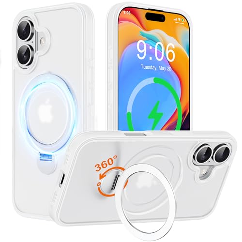 Hülle mit 360° Verstellbarem Ständer für iPhone 16 für MagSafe - [Handyhülle Unsichtbarer Magnetisch Ring-Halter] [Militär Stoßfest Schutzhülle] Silikon Rahmen Matt Zurück Case Cover, 6.1", Weiß von Derwav