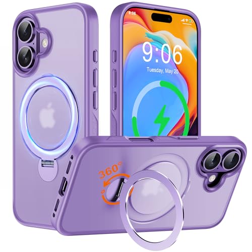 Hülle mit 360° Verstellbarem Ständer für iPhone 16 für MagSafe - [Handyhülle Unsichtbarer Magnetisch Ring-Halter] [Militär Stoßfest Schutzhülle] Silikon Rahmen Matt Zurück Case Cover, Hellviolett von Derwav