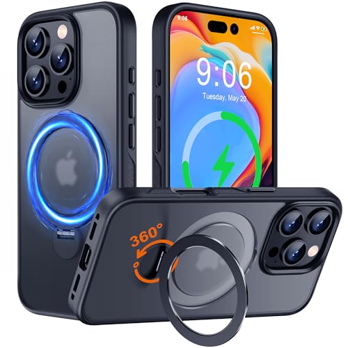 Hülle mit 360° Verstellbarem Ständer für iPhone 16 Pro für MagSafe - [Handyhülle Unsichtbarer Magnetisch Ring-Halter] [Militär Stoßfest Schutzhülle] Silikon Rahmen Matt Zurück Case Cover, Schwarz von Derwav