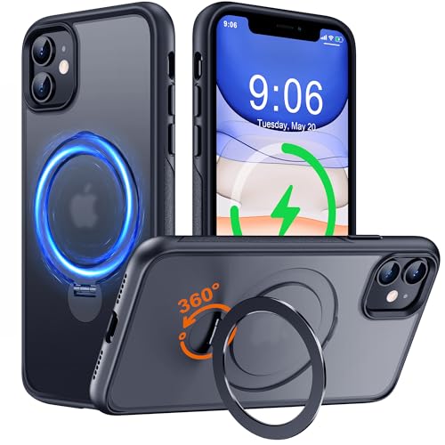 Hülle mit 360° Verstellbarem Ständer für iPhone 11 für MagSafe - [Handyhülle Unsichtbarer Magnetisch Ring-Halter] [Militär Stoßfest Schutzhülle] Silikon Rahmen Matt Zurück Case Cover, 6.1", Schwarz von Derwav