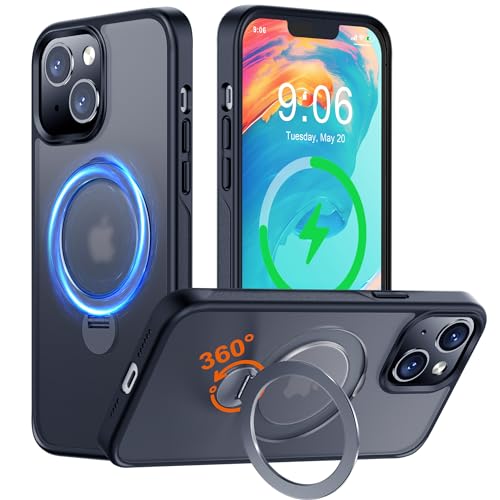 Hülle mit 360° Verstellbarem Ständer für iPhone 13/14 für MagSafe - [Handyhülle Unsichtbarer Magnetisch Ring-Halter] [Militär Stoßfest Schutzhülle] Silikon Rahmen Matt Zurück Case Cover, Schwarz von Derwav