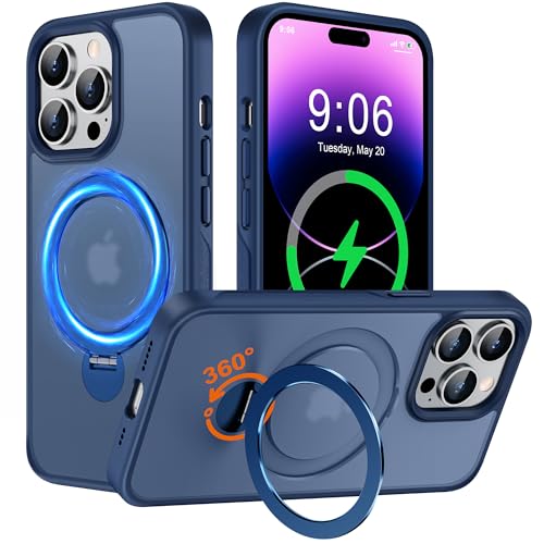 Hülle mit 360° Verstellbarem Ständer für iPhone 14 Pro Max für MagSafe - [Handyhülle Unsichtbarer Magnetisch Ring-Halter] [Militär Stoßfest Schutzhülle] Silikon Rahmen Matt Zurück Case Cover, Blau von Derwav