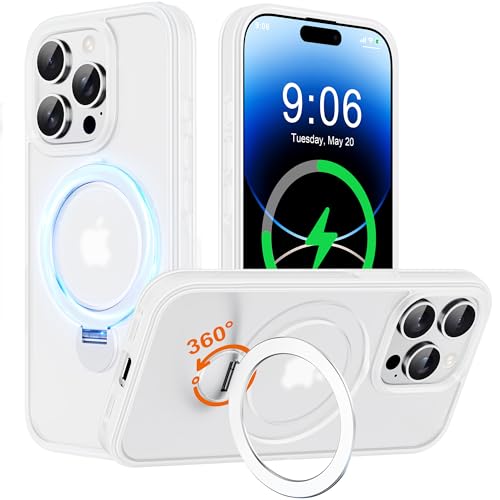 Hülle mit 360° Verstellbarem Ständer für iPhone 14 Pro Max für MagSafe - [Handyhülle Unsichtbarer Magnetisch Ring-Halter] [Militär Stoßfest Schutzhülle] Silikon Rahmen Matt Zurück Case Cover, Weiß von Derwav
