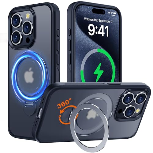 Hülle mit 360° Verstellbarem Ständer für iPhone 15 Pro für MagSafe - [Handyhülle Unsichtbarer Magnetisch Ring-Halter] [Militär Stoßfest Schutzhülle] Silikon Rahmen Matt Zurück Case Cover, Schwarz von Derwav